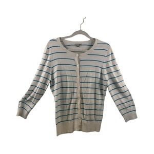 Halogen Women’s 3/4 Sleeve Button Up Cardigan White/blue Stripe Size Medium